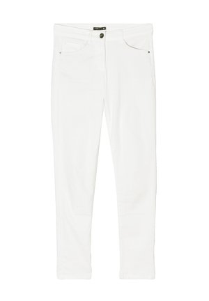 Witte denim jeans met een slim fit, voorzien van een vijf-pocketdesign, een ritsluiting en zwarte hardwareaccenten aan de voorkant voor het vastmaken.