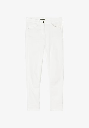 White denim jeans with a slim fit, featuring five pocket design, a zip fly, and black hardware accents on the front for fastening.