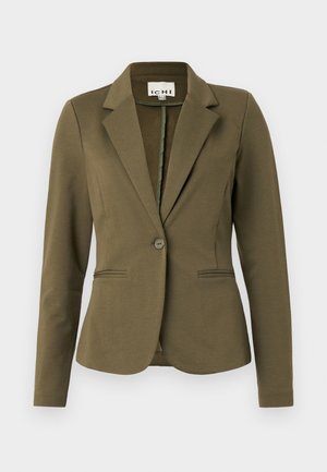 Olive green blazer with a notched collar, single button closure, two front pockets, and textured fabric. Minimalistic design.