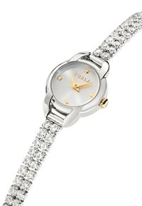Sølvfarvet ur med en rund urskive, metallic grå dials, guldfarvede visere og et krystalbesat armbånd. Har minimalistisk design.