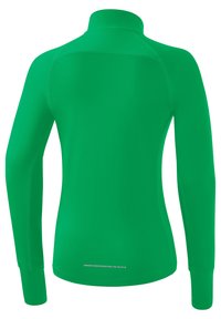 Maglia verde a maniche lunghe con colletto alto. Realizzata in materiale morbido ed elasticizzato. Presenta dettagli riflettenti lungo l'orlo e un design elegante.
