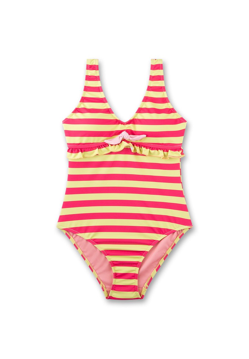 Gestreifter Einteiler-Badeanzug mit horizontalen rosa und gelben Streifen, einem tiefen V-Ausschnitt, Rüschendetail an der Taille und einer Schleifenverzierung.