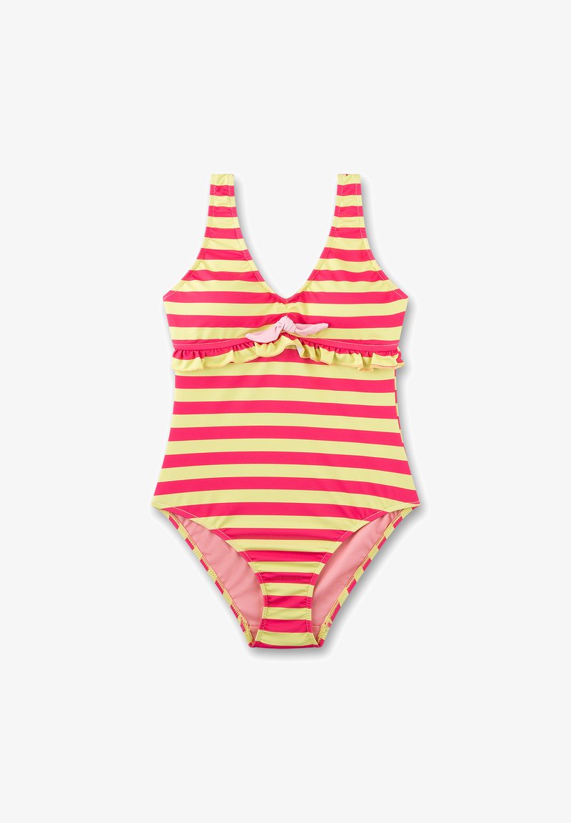 Gestreifter Einteiler-Badeanzug mit horizontalen rosa und gelben Streifen, einem tiefen V-Ausschnitt, Rüschendetail an der Taille und einer Schleifenverzierung.