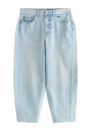 Lyseblå denimjeans med løs pasform, høj talje, knap- og lynlåslukning foran og design med fem lommer.