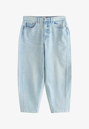 Jasnoniebieskie dżinsy typu denim o luźnym kroju, z wysokim stanem, zapinane z przodu na guzik i zamek oraz z pięcioma kieszeniami.