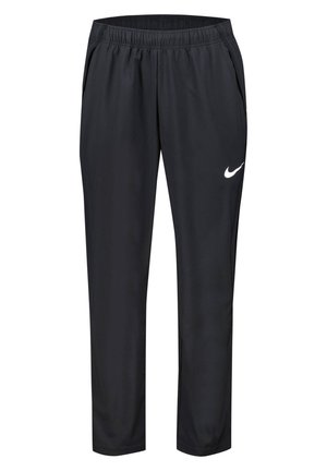 Sorte atletikbukser med elastisk talje, sidelommer og et hvidt Nike-swoosh-logo på den øverste venstre ben.