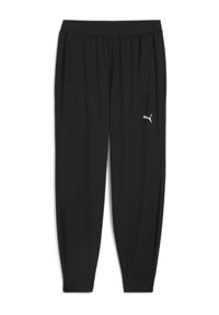 Čierne športové nohavice s elastickým pásom, dvoma bočnými vreckami a malým bielym logom Puma. Hladká tkanina s zužujúcim sa strihom nohavíc.