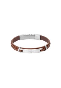 Bracciale in pelle marrone con dettagli in metallo argentato. Presenta una piastra centrale argentata con un'emblema in rilievo e una superficie liscia.