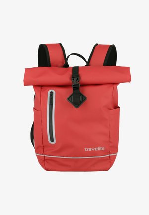 Red roll-top backpack made of durable material with black accents. Features a front zippered pocket, side pocket, and reflective trim.