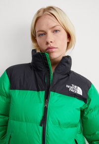 Jakna s punjenjem, crnog gornjeg dijela i svijetlozelene donje dijela, s prednjim zatvaračem i logotipom The North Face na prsima.
