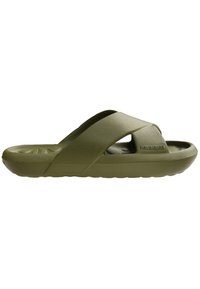 Olive green rubber slide sandals with a wide crossover strap design, textured footbed, and a grooved sole for traction and comfort.