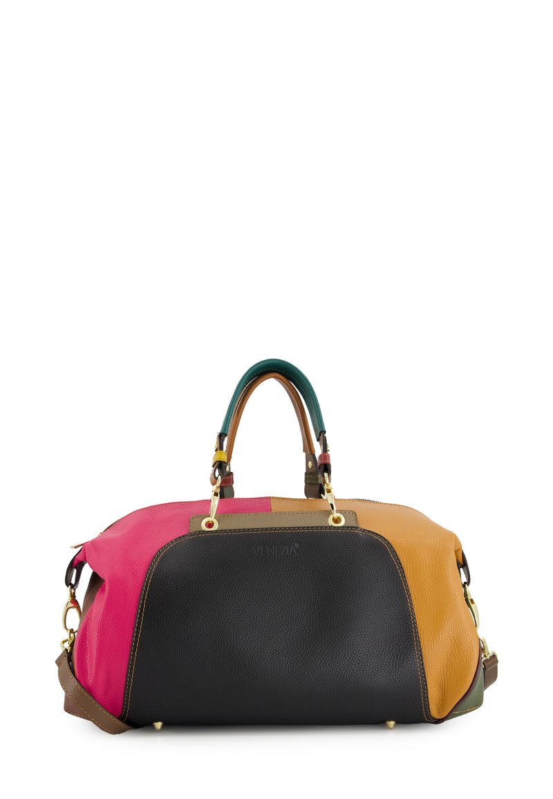 Leather handbag featuring a mix of pink, black, brown, orange, and green. Includes dual handles and detachable shoulder strap. Gold hardware accents.