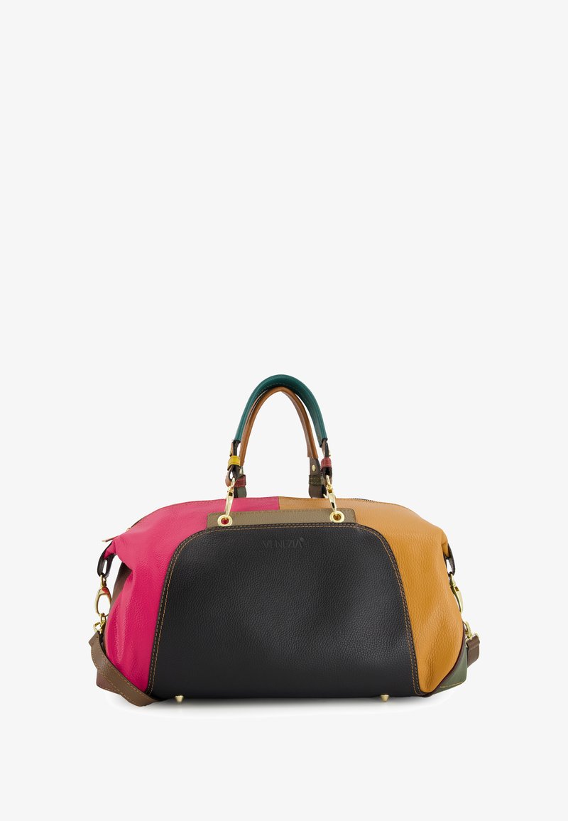 Leather handbag featuring a mix of pink, black, brown, orange, and green. Includes dual handles and detachable shoulder strap. Gold hardware accents.