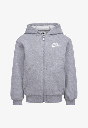 Grå hoodie med dragkedja i mjukt material, med framficka och ribbade muddar. Nike-logotyp i vitt på vänster bröst.