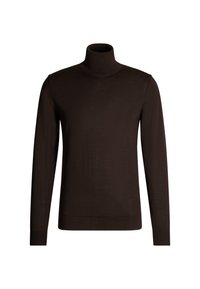 Brązowy sweter z wysokim kołnierzem wykonany z miękkiego materiału; ma długie rękawy i dopasowany krój. Brak wzorów lub ozdób.