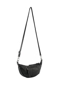 Borsa a tracolla in pelle nera con forma curva, dotata di una tasca con zip, tracolla regolabile e finitura testurizzata.