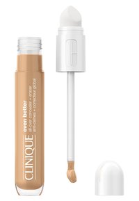 Clinique Even Better concealer i en genomskinlig tub med gyllenbrun produkt och en vit applikator med en spetsig svamp.