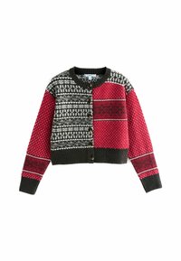 Megztas kardiganas su raštu, kurį sudaro raudona, juoda ir pilka spalvos, su apvaliu iškirpimu, mygtukų užsegimu ir gipiūriniais rankogaliais bei apačia.