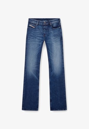 Blå denimjeans med en rett benform, fem lommer og tonale sømmer. Stoffet har en glatt tekstur med lett falming.