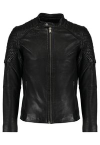 Veste de moto en cuir noir avec fermeture éclair à l'avant, col pressionné, rembourrage matelassé aux épaules et au-dessus des bras, et poches latérales zippées.