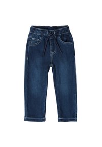Pantalones de mezclilla azul oscuro con cinturilla elástica, cordón ajustable, bolsillos frontales y detalles cosidos. Presentan un diseño de pierna recta.