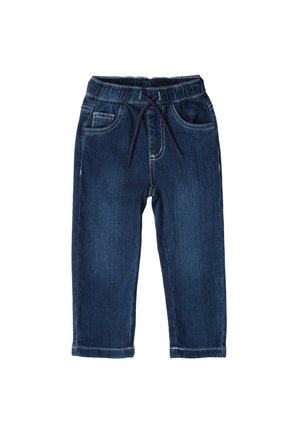 Pantaloni in denim blu scuro con vita elastica, cordoncino regolabile, tasche anteriori e dettagli cuciti. Presentano un design a gamba dritta.