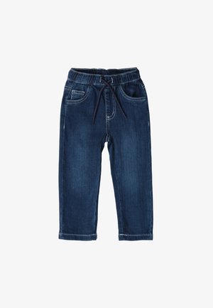 Pantaloni in denim blu scuro con vita elastica, cordoncino regolabile, tasche anteriori e dettagli cuciti. Presentano un design a gamba dritta.