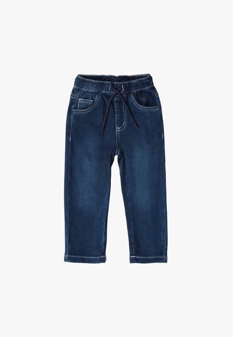 Pantalones de mezclilla azul oscuro con cinturilla elástica, cordón ajustable, bolsillos frontales y detalles cosidos. Presentan un diseño de pierna recta.