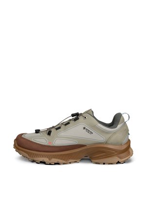Niedriger Wanderschuh mit braun-beigem GORE-TEX-Obermaterial, robuster Sohle, Zuglasche an der Ferse und Schnellverschluss-System auf weißem Hintergrund.