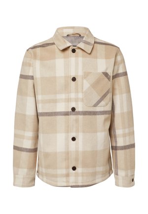 Beige geruite shirtjack in zachte stof, met bruine knopen, borstzak en contrasterende bruine strepen. De voorkant is vlak met een puntige kraag.