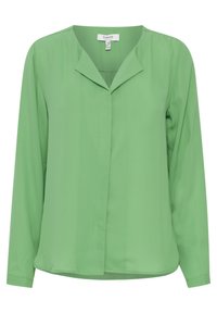 Green long-sleeve blouse made of lightweight fabric. Features a V-neck collar and a relaxed fit with a straight hem. No visible patterns.