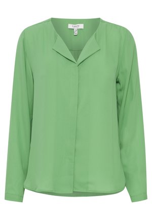 Green long-sleeve blouse made of lightweight fabric. Features a V-neck collar and a relaxed fit with a straight hem. No visible patterns.