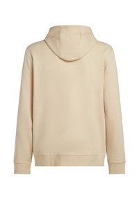 Beige hoodie met een zachte textuur, voorzien van een trekkoordkap, lange mouwen en geribbelde manchetten. Eenvoudig ontwerp zonder zichtbare graphics.
