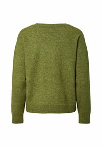 Pull tricoté vert à manches longues avec poignets et ourlet côtelés, vu de dos sur fond blanc.