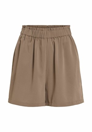 Aukštos juosmens, laisvo silueto, iki kelių siekiančios rudos spalvos šortai su elastiniu juosmeniu ir minkšta, lygi audinio tekstūra.