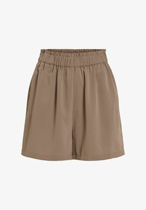 Shorts marron à taille haute, coupe ample, longueur genou, avec une ceinture élastique et une texture de tissu douce et lisse.