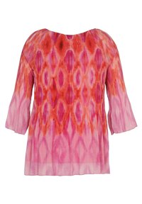 Blusa da donna a maniche lunghe con motivo astratto tie-dye rosa e rosso, dotata di scollatura rotonda e tessuto plissettato sulle maniche.