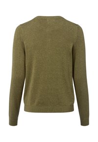 Pull olive en laine, texture tricotée, encolure ronde, manches longues, bords-côtes aux poignets et à l'ourlet, design épuré avec construction sans couture.