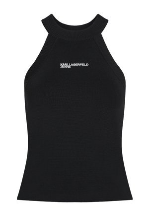 Mustast soonikust ilma varrukateta kaelusega ülalt kinnituv top, millel on kõrge kaeluseosa ja valge "KARL LAGERFELD JEANS" logo rinnal keskpunktis.