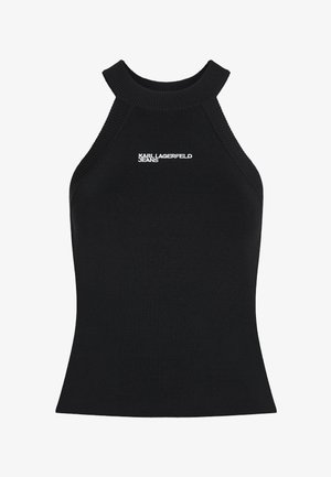 Mustast soonikust ilma varrukateta kaelusega ülalt kinnituv top, millel on kõrge kaeluseosa ja valge "KARL LAGERFELD JEANS" logo rinnal keskpunktis.