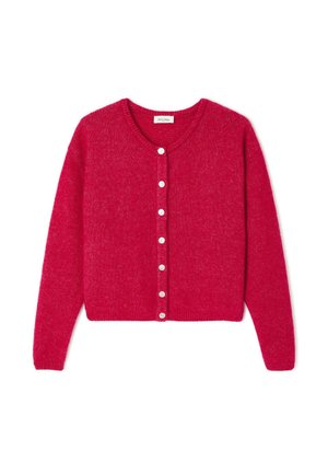Sarkans adīts kardigāns ar garām piedurknēm, apaļu kakla izgriezumu un pilnu priekšējo pogu aizdari. Izcils audums ar tekstūru un baltām pogām.