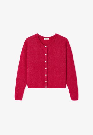 Sarkans adīts kardigāns ar garām piedurknēm, apaļu kakla izgriezumu un pilnu priekšējo pogu aizdari. Izcils audums ar tekstūru un baltām pogām.