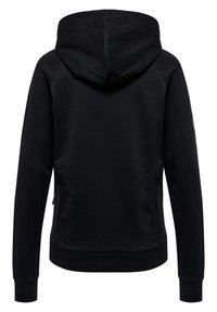 Felpa nera con cappuccio a coulisse, maniche raglan e zip laterali. Il retro ha una texture liscia ed è privo di decorazioni, con un orlo aderente.