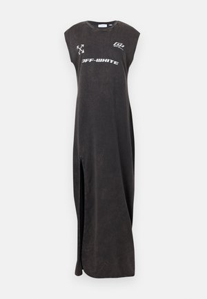 Czarna, bezrękawnikowa sukienka maxi z bocznym rozcięciem, białe nadruki tekstu i logo Off-White na klatce piersiowej, okrągły dekolt, luźny krój.