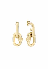 Boucles d'oreilles en métal doré avec un design lié, des accents arrondis et une finition polie. Logo gravé sur une pièce.
