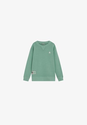 Sudadera verde de manga larga con cuello redondo, con pequeño logo blanco de calavera en el pecho y parche rectangular cerca del dobladillo en el lado izquierdo.