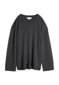 Mørkegrå oversized genser med rund hals, teksturerte ermer og en litt buet hem. Laget av myk, lettvektig stoff.