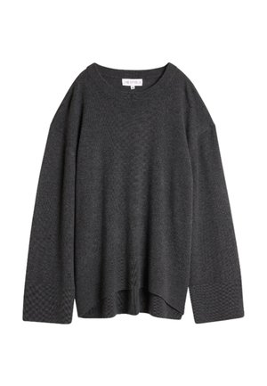 Mørkegrå oversized genser med rund hals, teksturerte ermer og en litt buet hem. Laget av myk, lettvektig stoff.
