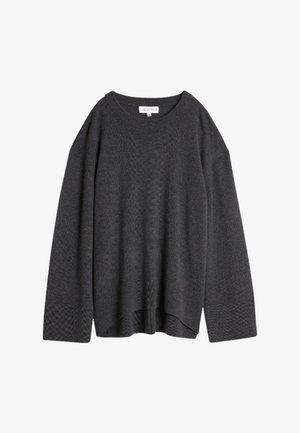 Mørkegrå oversized genser med rund hals, teksturerte ermer og en litt buet hem. Laget av myk, lettvektig stoff.