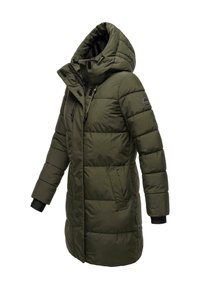 Olive green padded parka jacket featuring a fitted hood, zippered front, and side pockets with a textured fabric and visible stitching details.